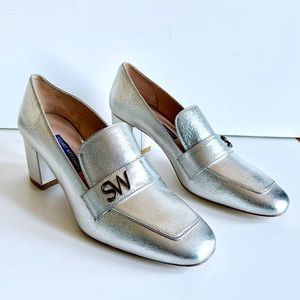 Stuart Weitzman Silver Metallic Leather Loafer Heels 7.5